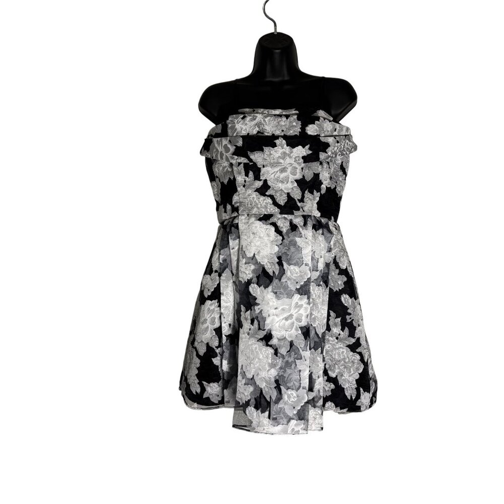 Betsy & Adam Strapless Black & White Floral Print Dress Size 12 Made In USA